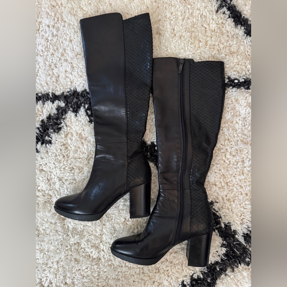 Women’s Dune Leather Almond Toe Block Heel Boots Black Size 37/6.5 - Picture 3 of 15